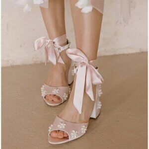 XYD Light Pink Open Toe Sandals with Bloom Pearl Flower Ribbon Ankle Strap Shoes